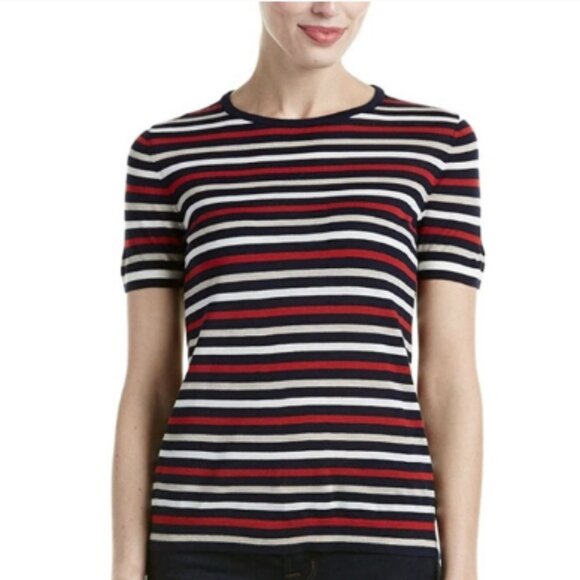 Theory Tolleree Stripe Refine Short Sleeve Merino Wool Sweater M - Picture 1 of 7